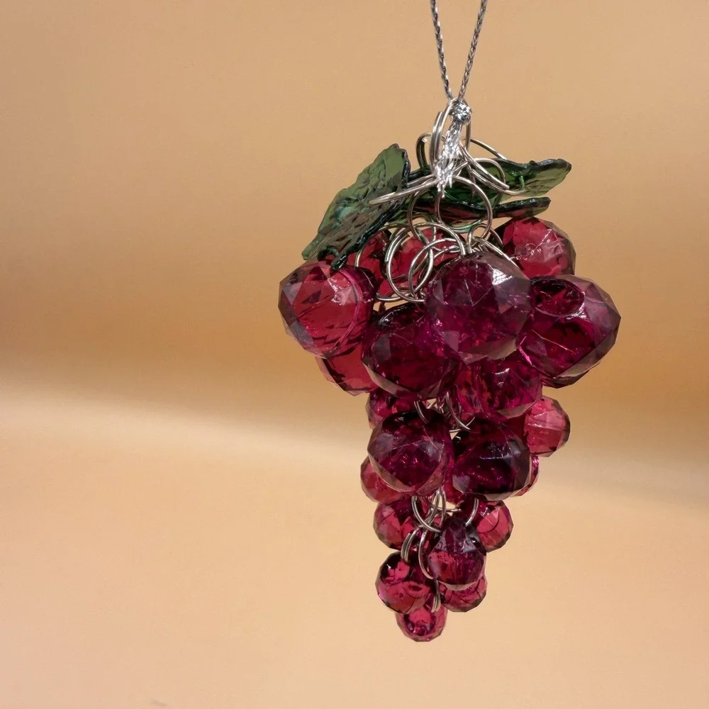 Grape Cluster Ornament Faceted Acrylic Beads Green Leaves Hanging Decor